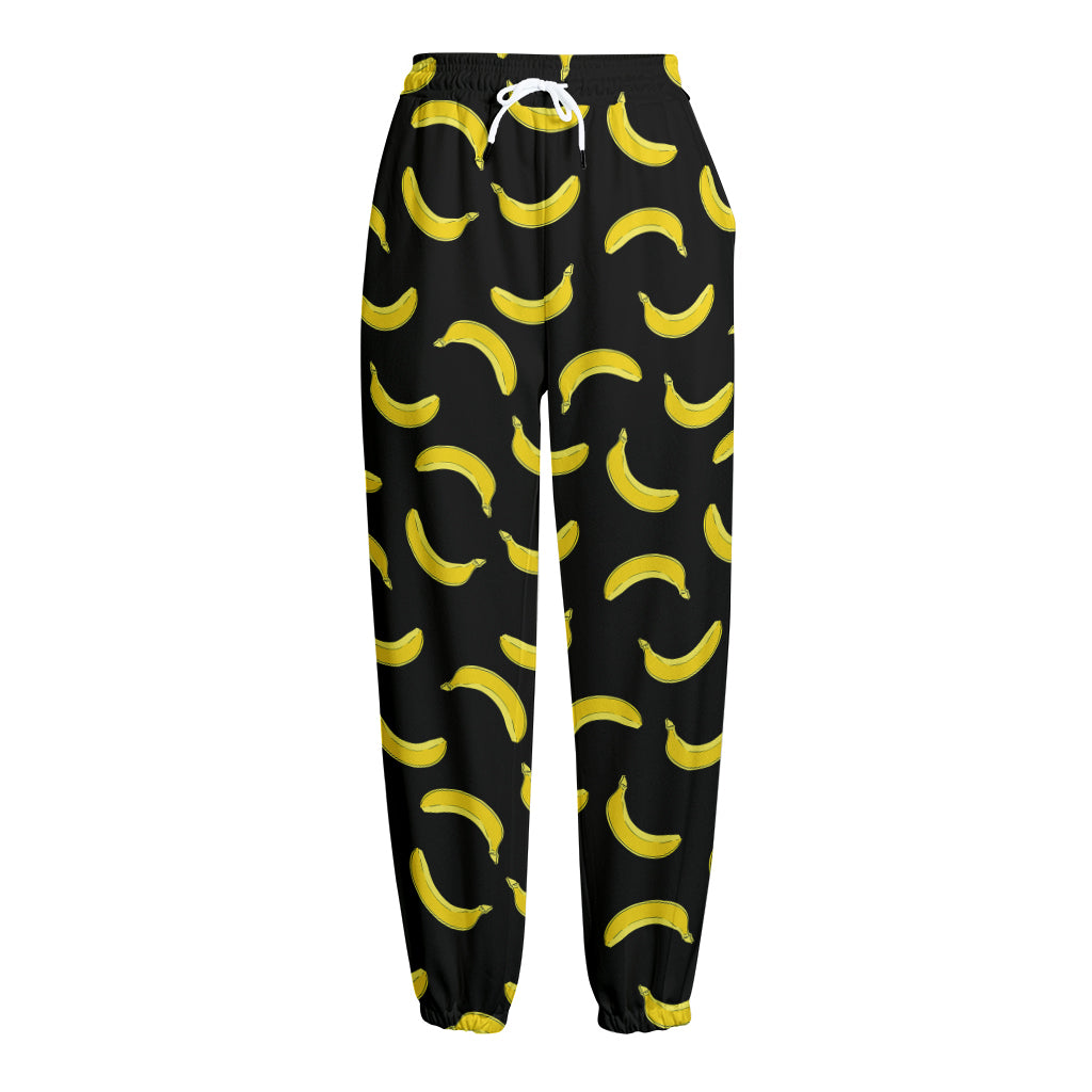 Black And Yellow Banana Pattern Print Fleece Lined Knit Pants