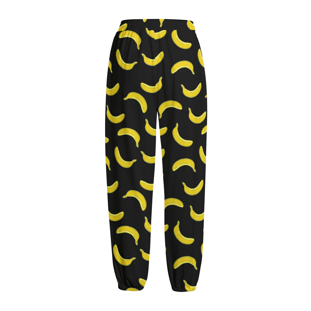 Black And Yellow Banana Pattern Print Fleece Lined Knit Pants