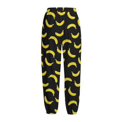 Black And Yellow Banana Pattern Print Fleece Lined Knit Pants
