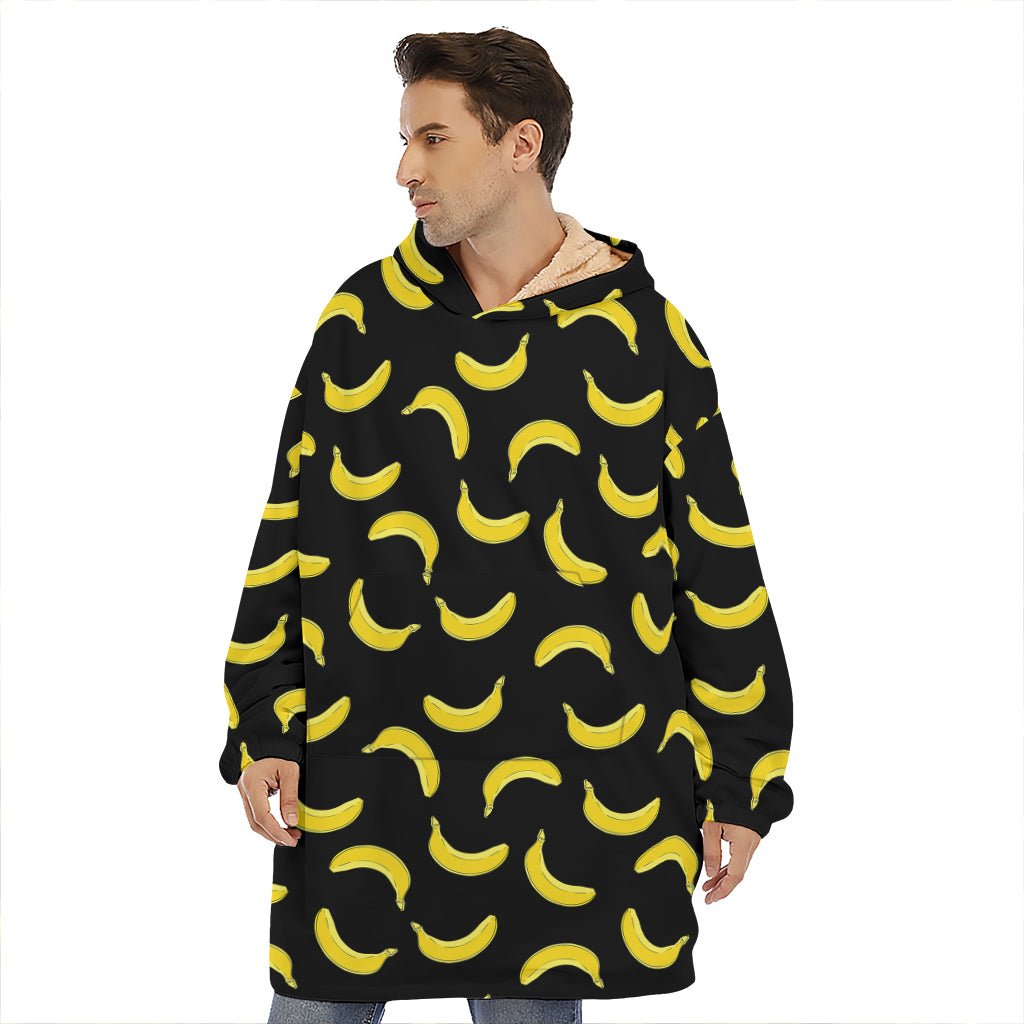 Black And Yellow Banana Pattern Print Hoodie Blanket