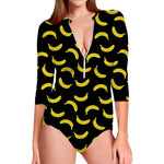Black And Yellow Banana Pattern Print Long Sleeve Swimsuit