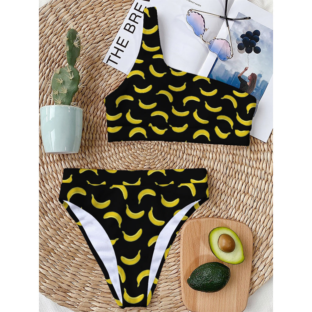 Black And Yellow Banana Pattern Print One Shoulder Bikini Top