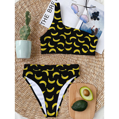 Black And Yellow Banana Pattern Print One Shoulder Bikini Top