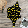 Black And Yellow Banana Pattern Print One Shoulder Bodysuit