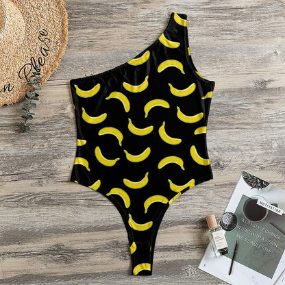 Black And Yellow Banana Pattern Print One Shoulder Bodysuit