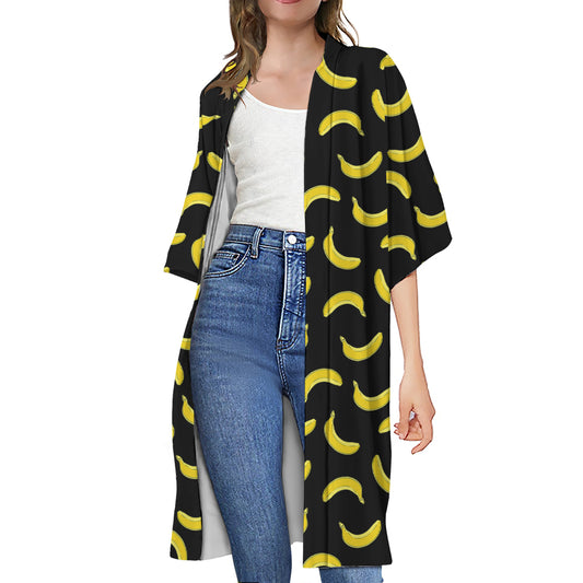 Black And Yellow Banana Pattern Print Open Front Beach Cover Up