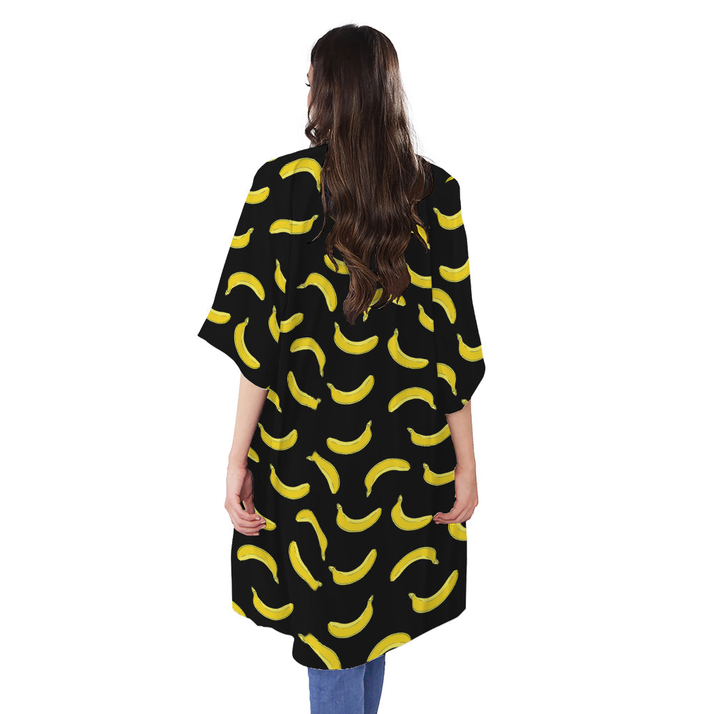 Black And Yellow Banana Pattern Print Open Front Beach Cover Up