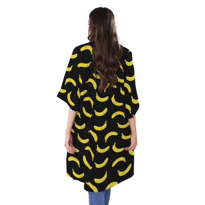 Black And Yellow Banana Pattern Print Open Front Beach Cover Up