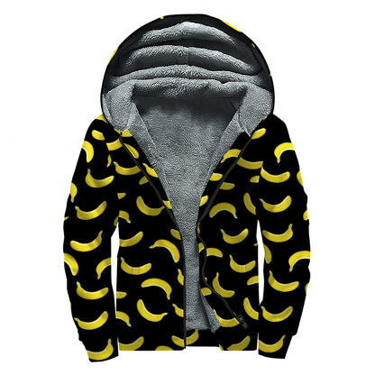 Black And Yellow Banana Pattern Print Sherpa Lined Zip Up Hoodie