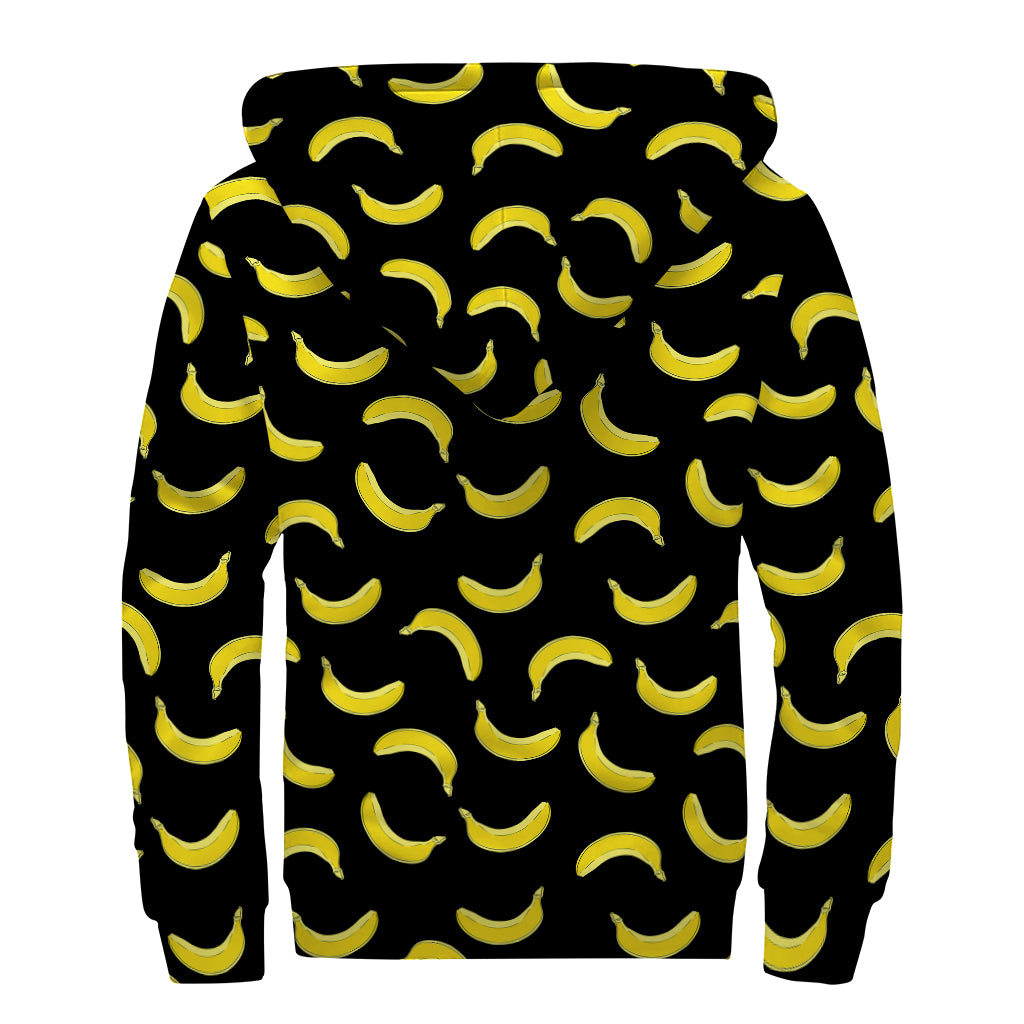 Black And Yellow Banana Pattern Print Sherpa Lined Zip Up Hoodie