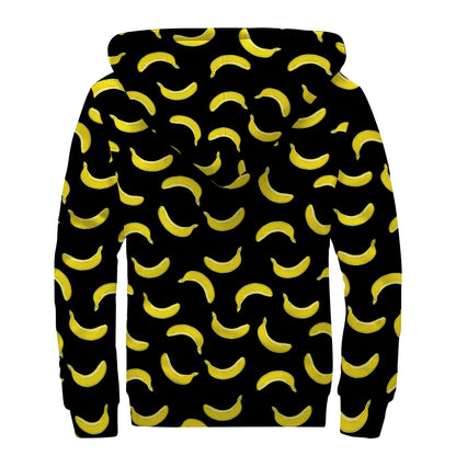 Black And Yellow Banana Pattern Print Sherpa Lined Zip Up Hoodie