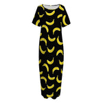 Black And Yellow Banana Pattern Print Short Sleeve Long Nightdress