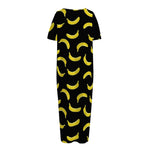 Black And Yellow Banana Pattern Print Short Sleeve Long Nightdress