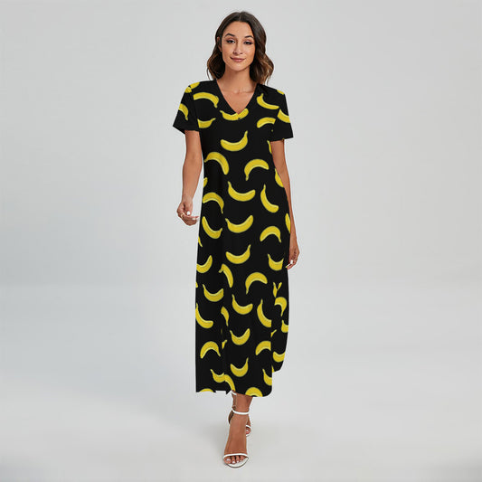 Black And Yellow Banana Pattern Print Short Sleeve Maxi Dress