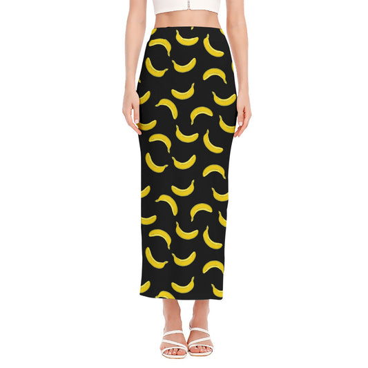 Black And Yellow Banana Pattern Print Side Slit Maxi Skirt