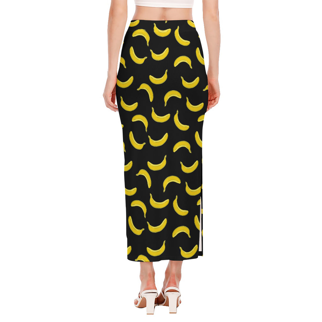 Black And Yellow Banana Pattern Print Side Slit Maxi Skirt