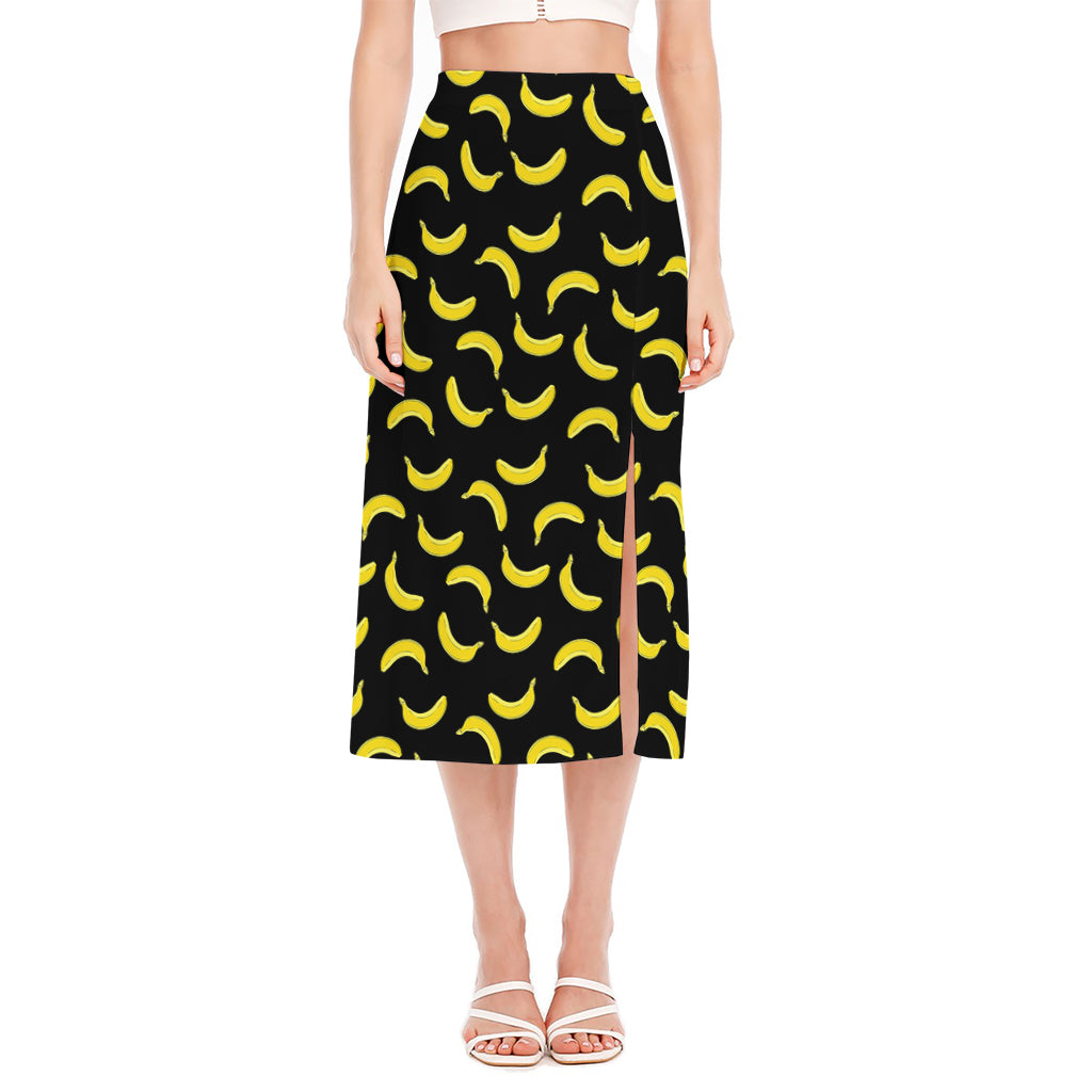 Black And Yellow Banana Pattern Print Side Slit Midi Skirt
