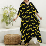 Black And Yellow Banana Pattern Print Silk V-Neck Kaftan Dress