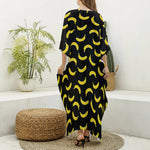 Black And Yellow Banana Pattern Print Silk V-Neck Kaftan Dress