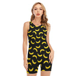 Black And Yellow Banana Pattern Print Sleeveless One Piece Swimsuit