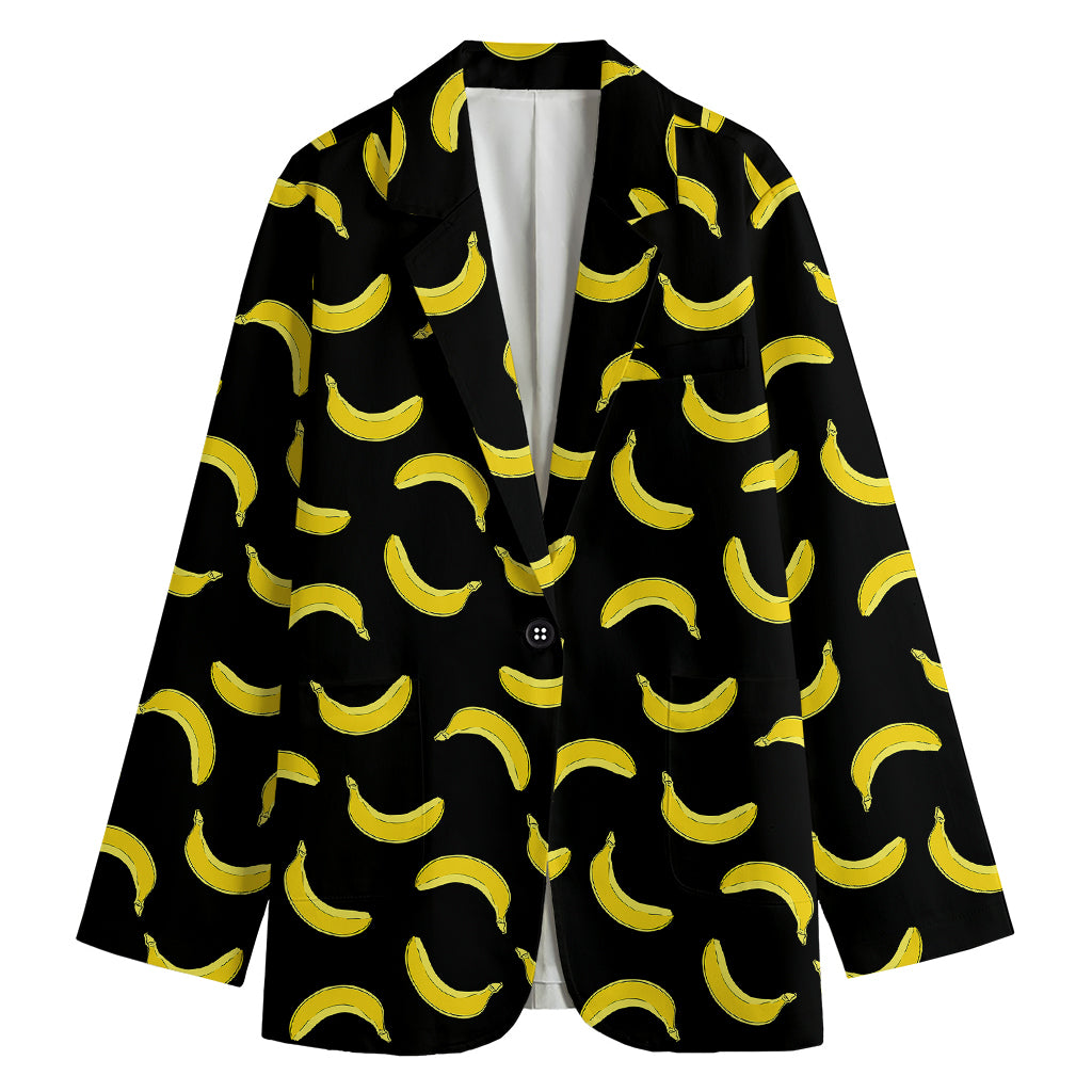 Black And Yellow Banana Pattern Print Women's Cotton Blazer