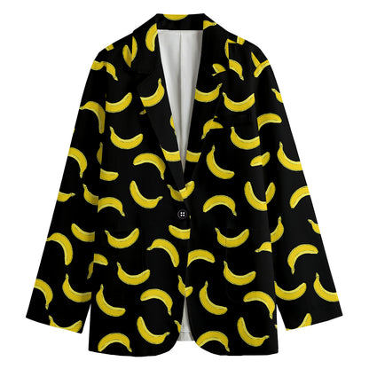 Black And Yellow Banana Pattern Print Women's Cotton Blazer