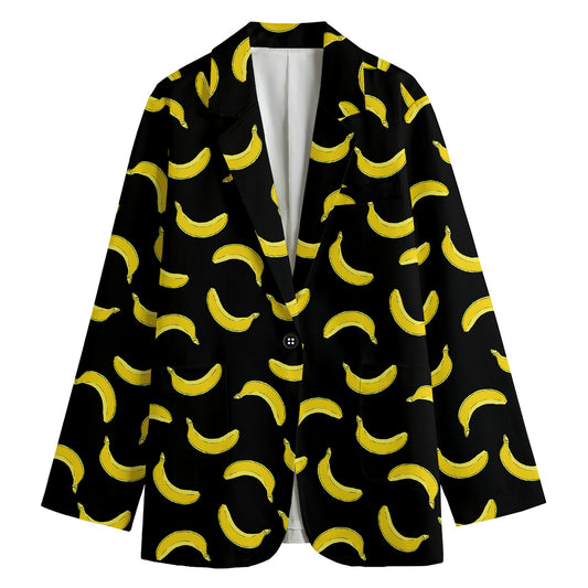 Black And Yellow Banana Pattern Print Women's Cotton Blazer