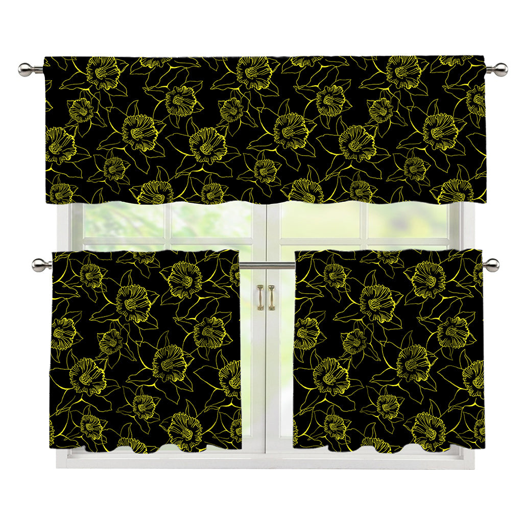 Black And Yellow Daffodil Pattern Print 3 Piece Kitchen Curtains
