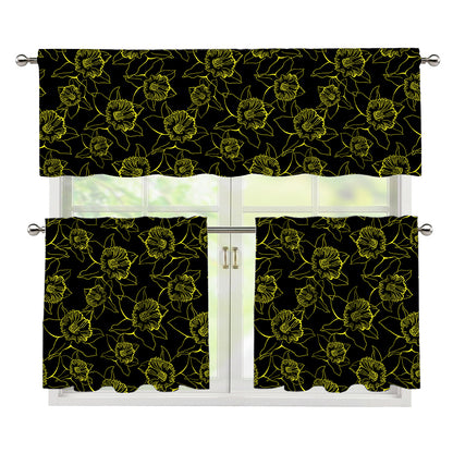 Black And Yellow Daffodil Pattern Print 3 Piece Kitchen Curtains