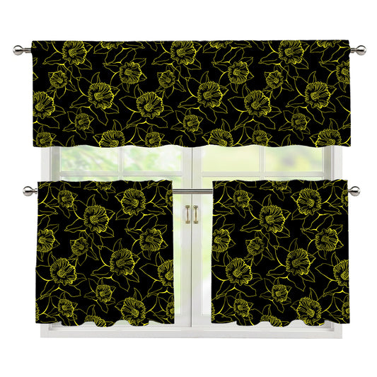Black And Yellow Daffodil Pattern Print 3 Piece Kitchen Curtains