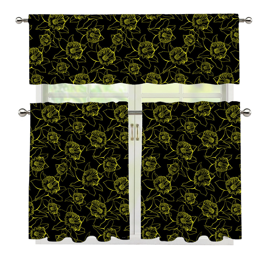 Black And Yellow Daffodil Pattern Print 3 Piece Kitchen Curtains