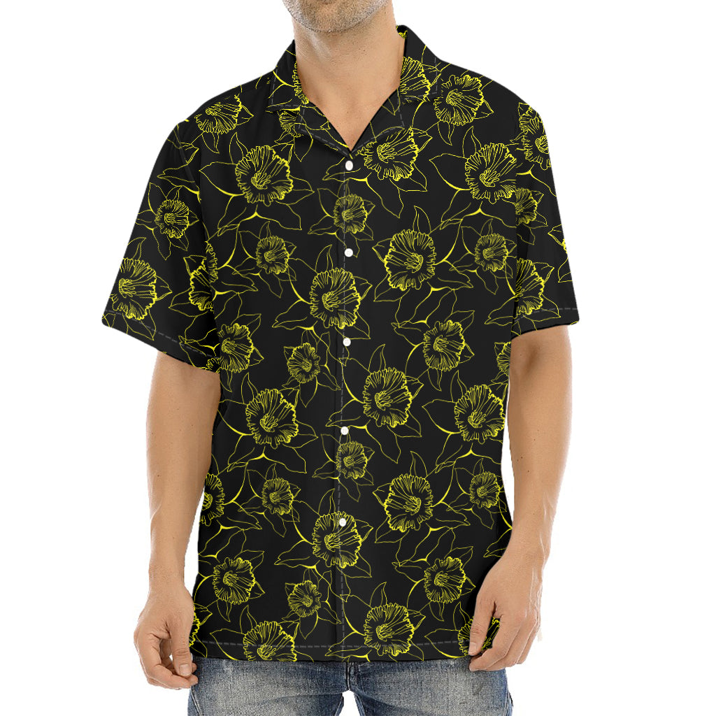 Black And Yellow Daffodil Pattern Print Aloha Shirt
