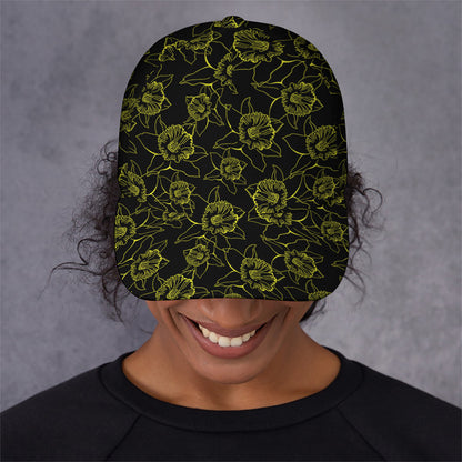 Black And Yellow Daffodil Pattern Print Baseball Cap
