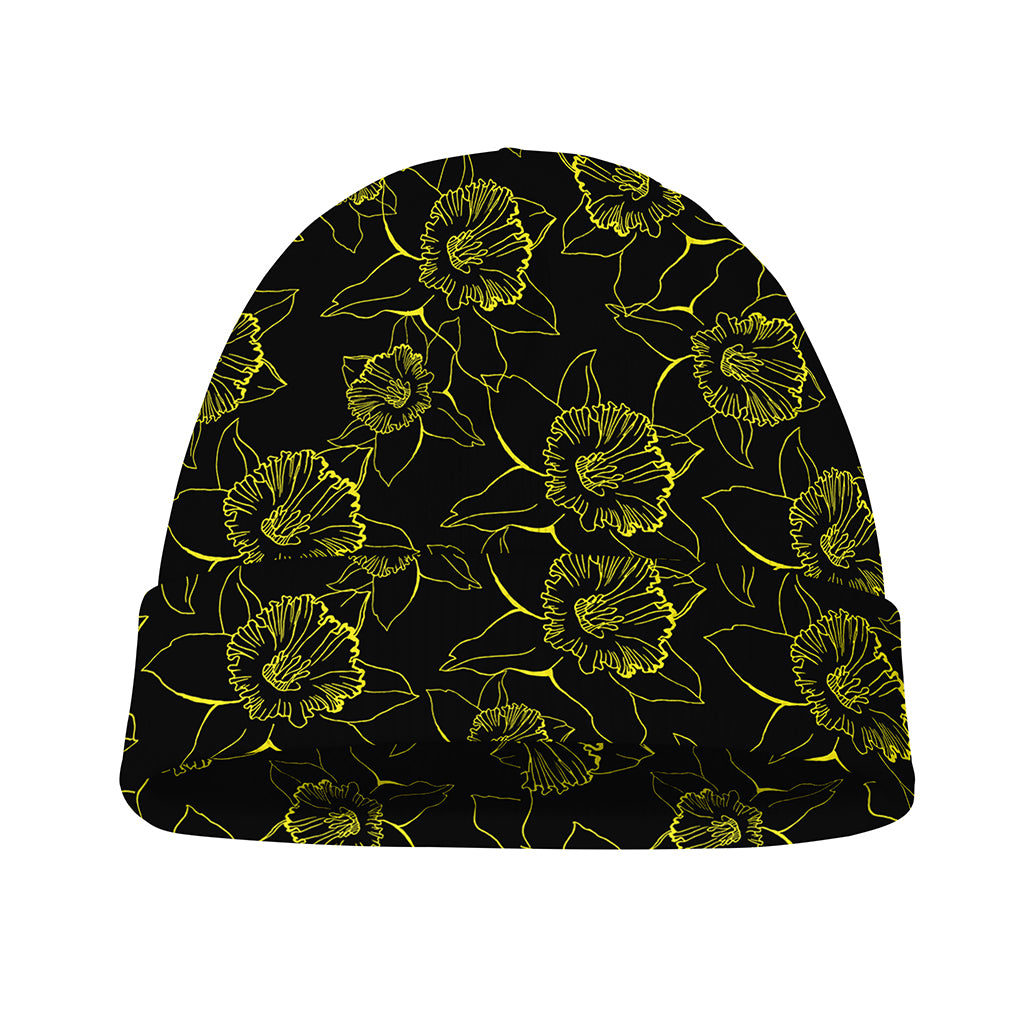 Black And Yellow Daffodil Pattern Print Beanie