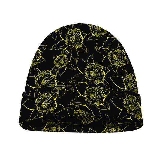 Black And Yellow Daffodil Pattern Print Beanie