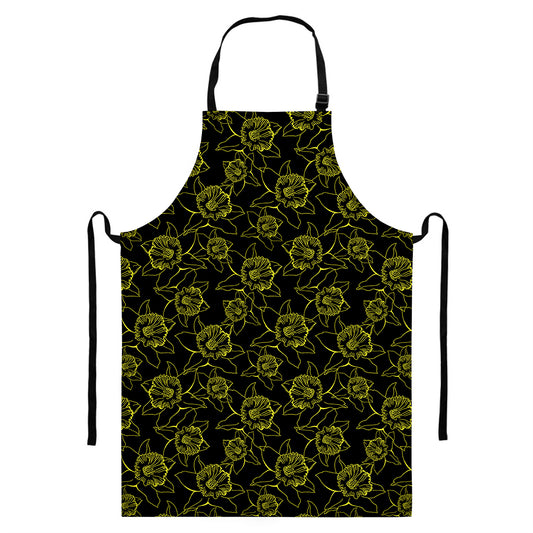 Black And Yellow Daffodil Pattern Print Bib Apron With Pocket