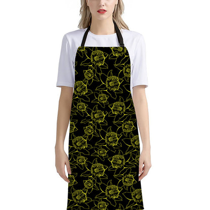 Black And Yellow Daffodil Pattern Print Bib Apron With Pocket