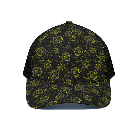 Black And Yellow Daffodil Pattern Print Black Mesh Trucker Cap