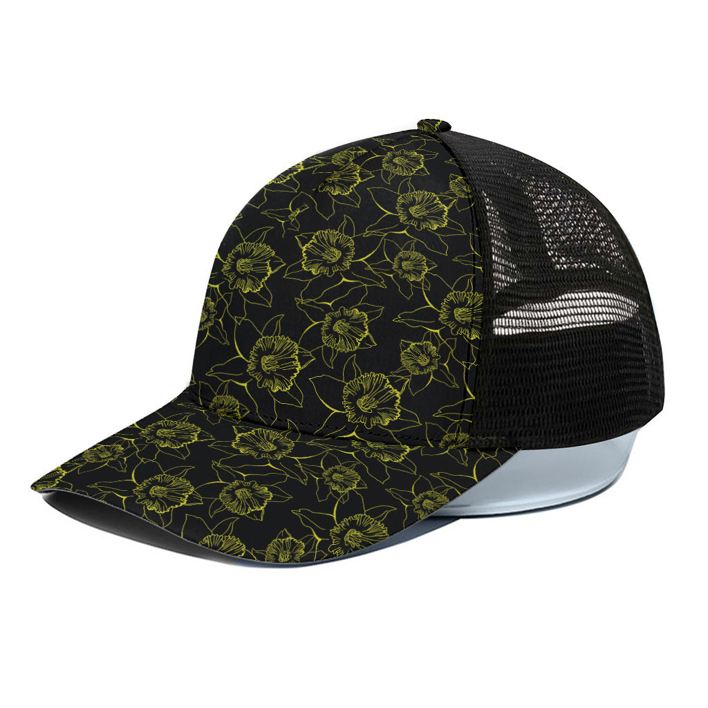 Black And Yellow Daffodil Pattern Print Black Mesh Trucker Cap