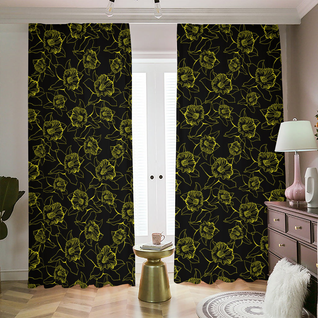 Black And Yellow Daffodil Pattern Print Blackout Pencil Pleat Curtains