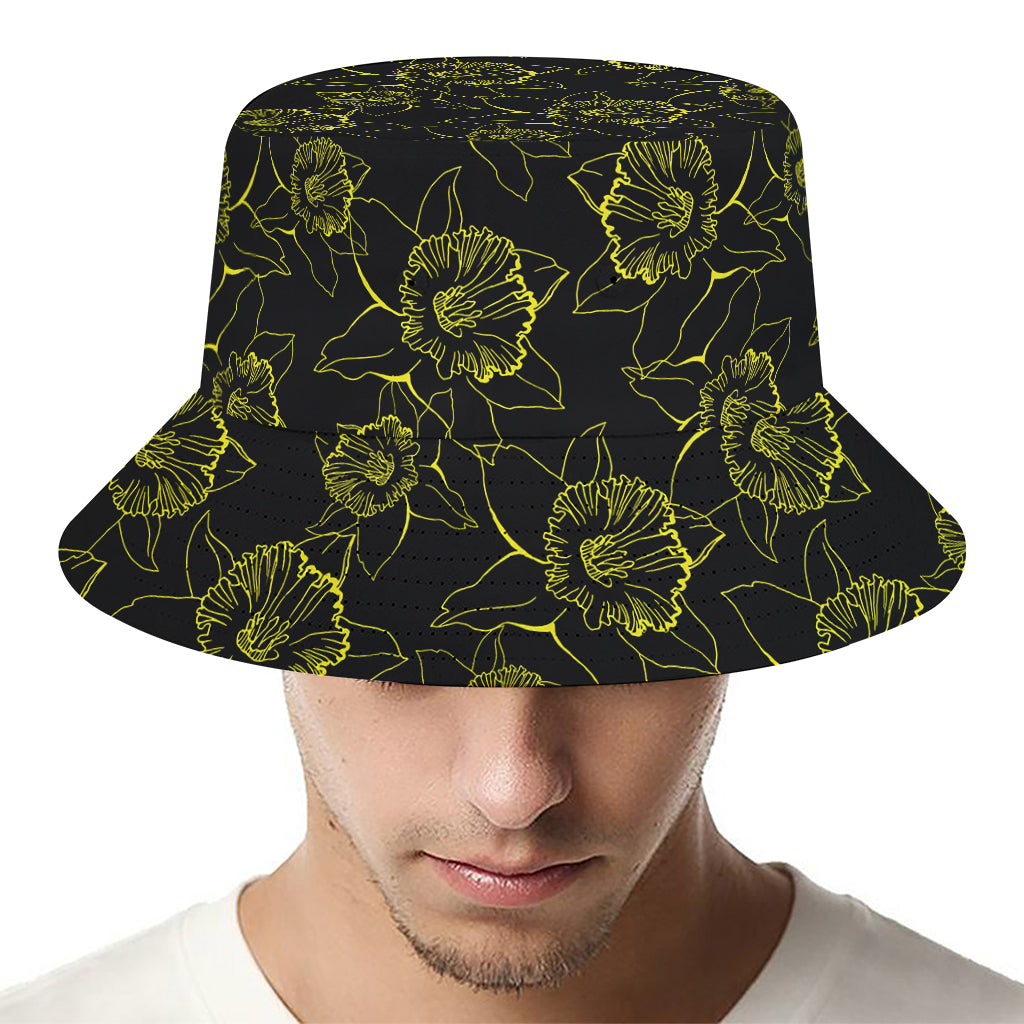 Black And Yellow Daffodil Pattern Print Bucket Hat