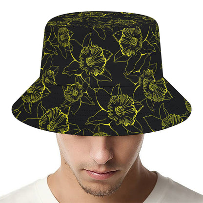 Black And Yellow Daffodil Pattern Print Bucket Hat