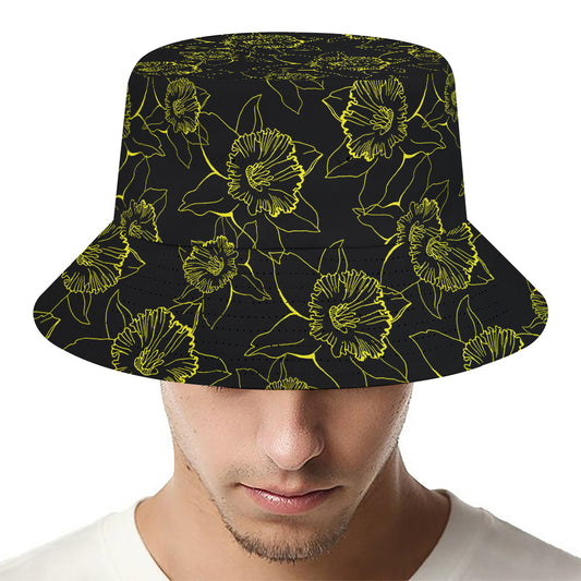 Black And Yellow Daffodil Pattern Print Bucket Hat