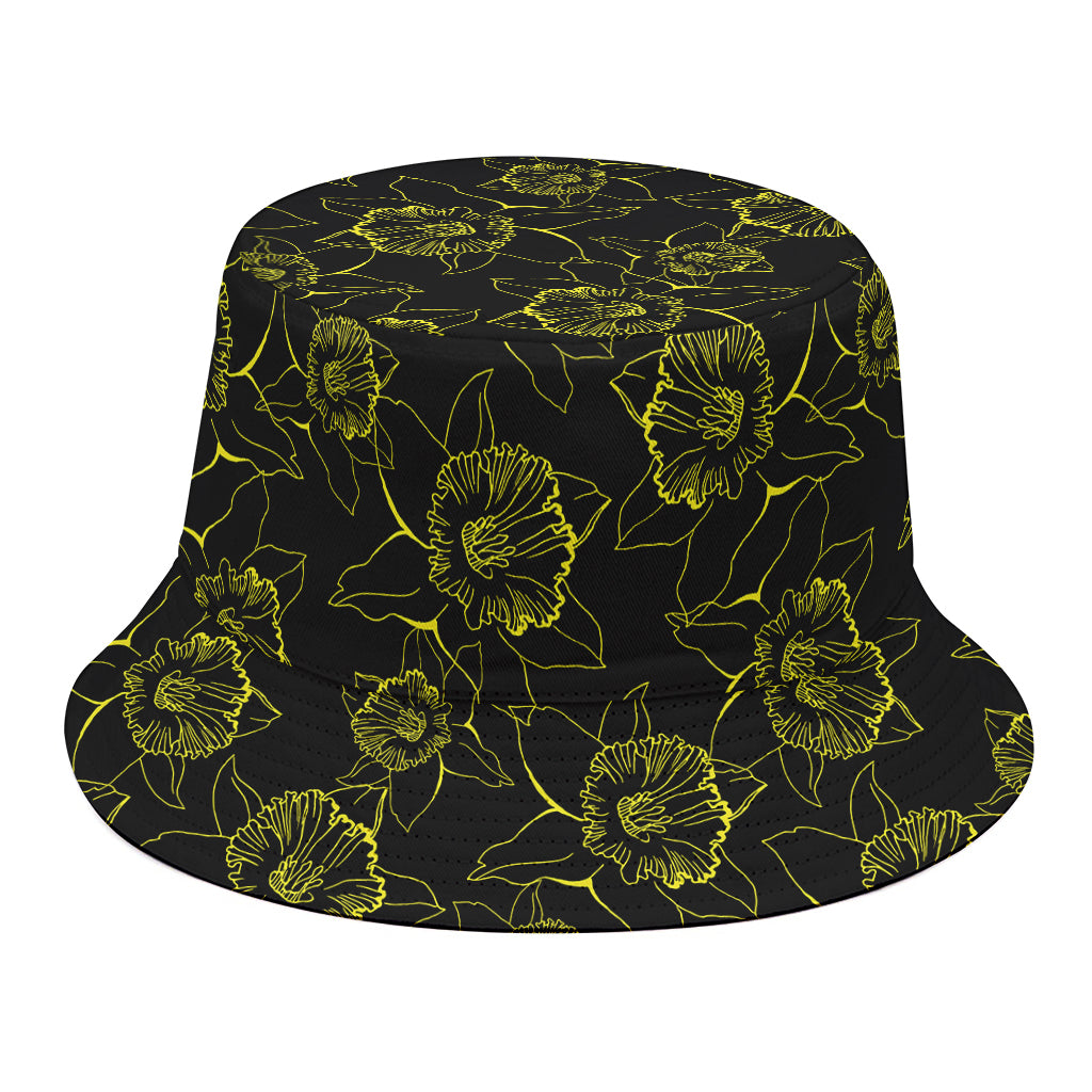 Black And Yellow Daffodil Pattern Print Bucket Hat