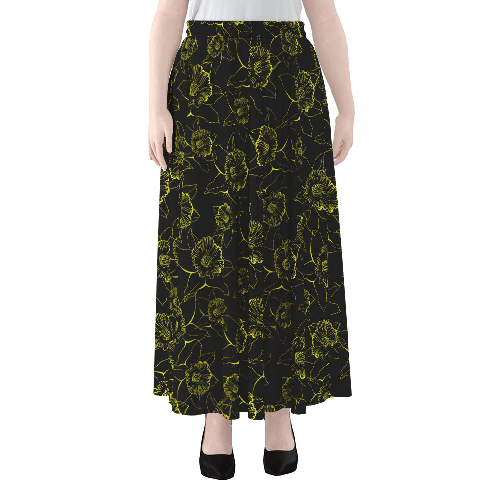 Black And Yellow Daffodil Pattern Print Chiffon Maxi Skirt