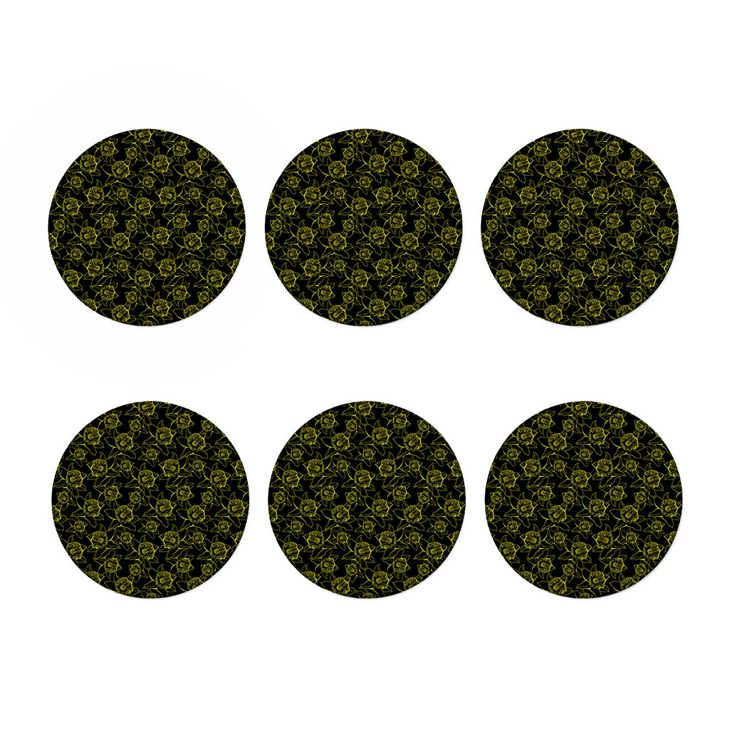 Black And Yellow Daffodil Pattern Print Coaster Set