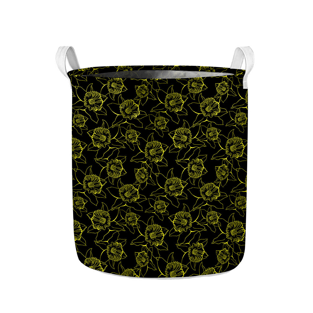 Black And Yellow Daffodil Pattern Print Collapsible Laundry Basket