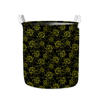 Black And Yellow Daffodil Pattern Print Collapsible Laundry Basket