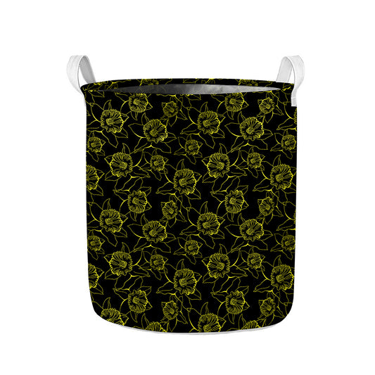 Black And Yellow Daffodil Pattern Print Collapsible Laundry Basket