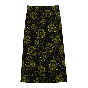 Black And Yellow Daffodil Pattern Print Cotton Front Slit Maxi Skirt